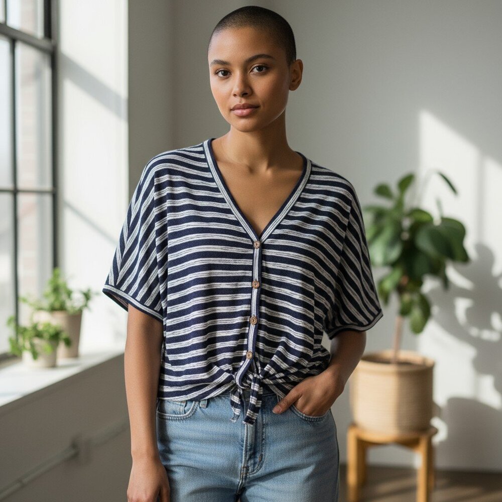 A.N.A Top Women V Neck Short Sleeve Nautical Beach Tie Waist Navy & White Stripe